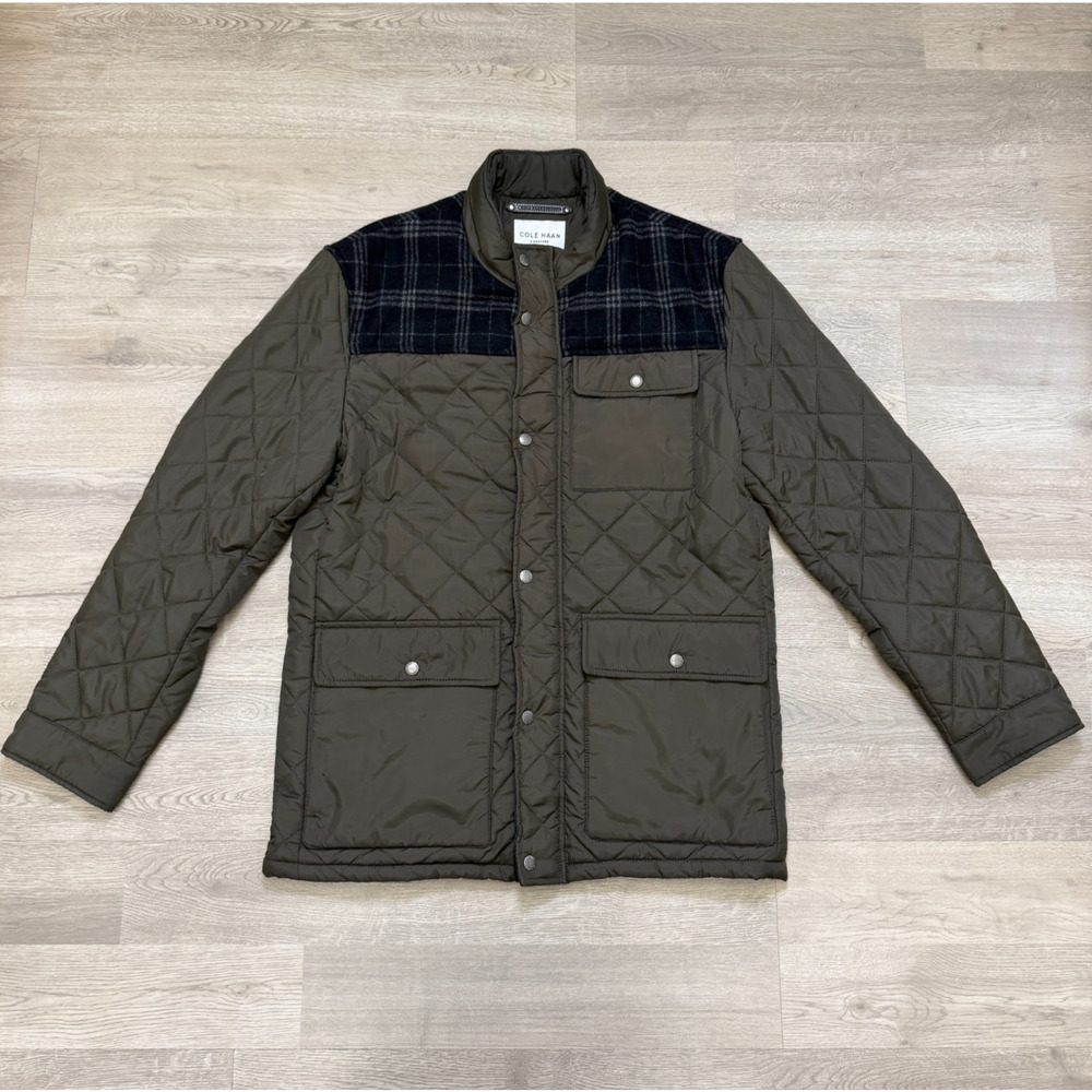 Cole Haan Signature Quilted Mixed Media Utility Jacket Mens M Navy Olive